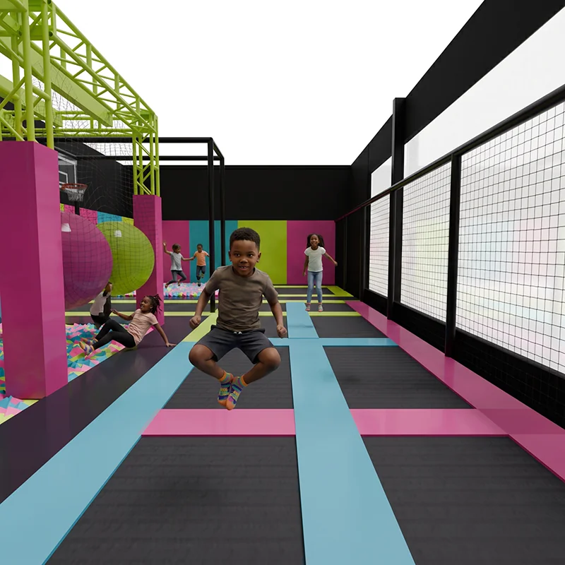 Criança pulando na arena de trampolins do Jump Lab